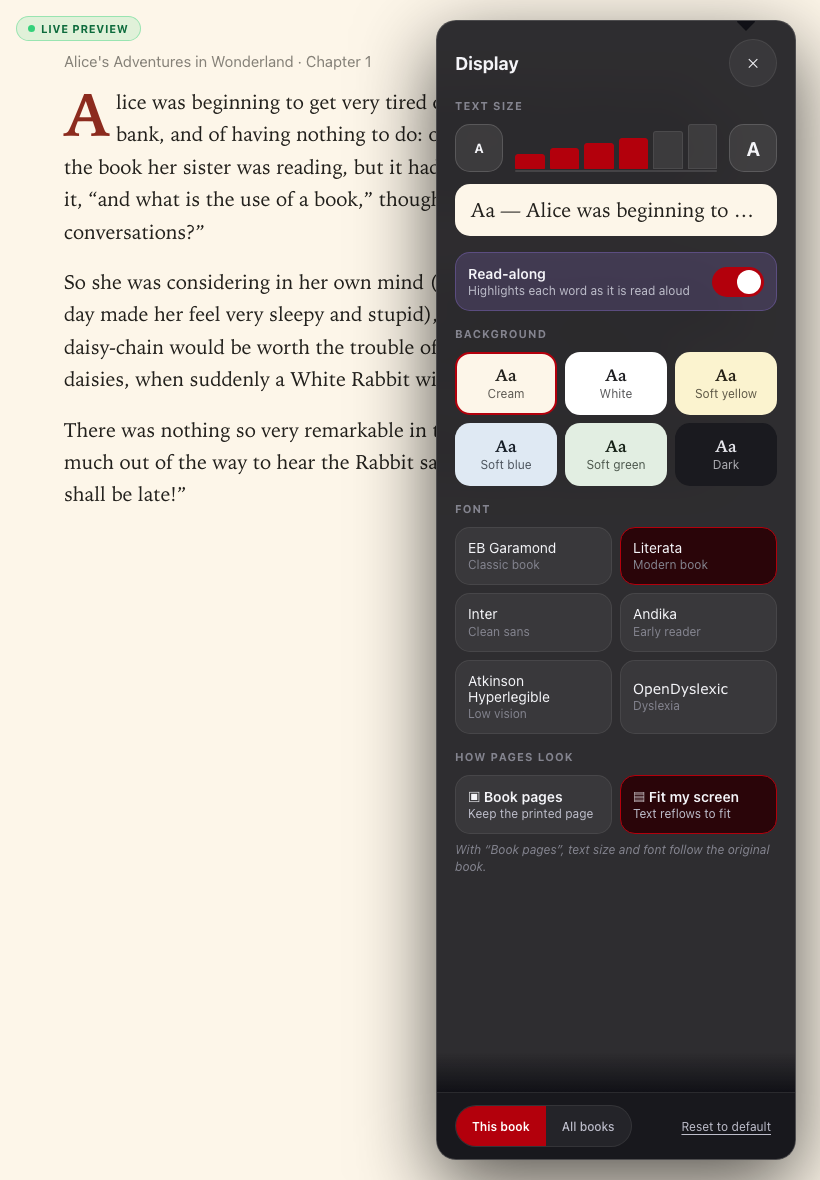 reader-settings screenshot