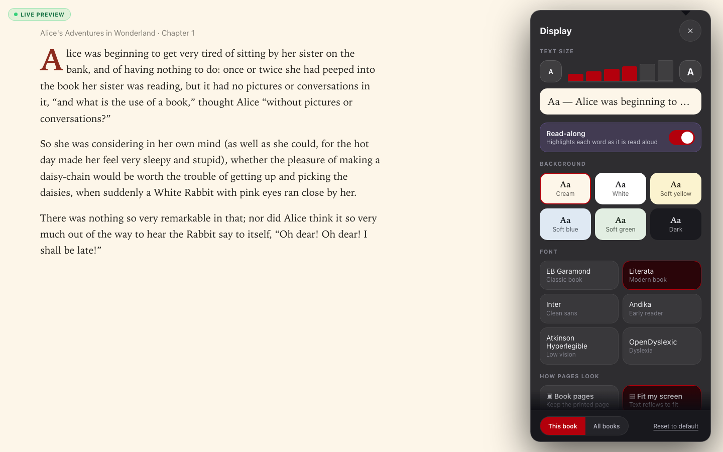 reader-settings screenshot