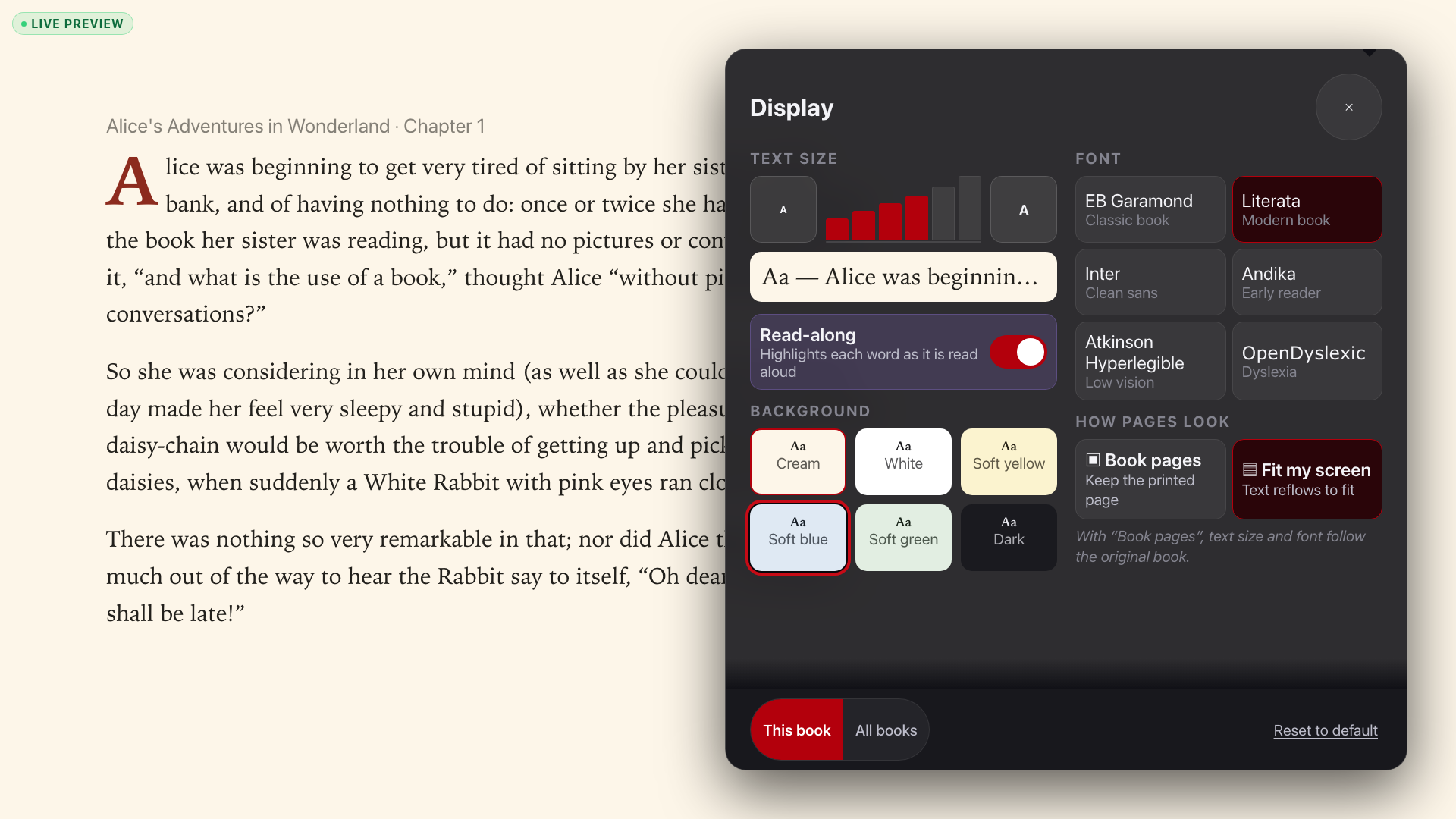 reader-settings screenshot